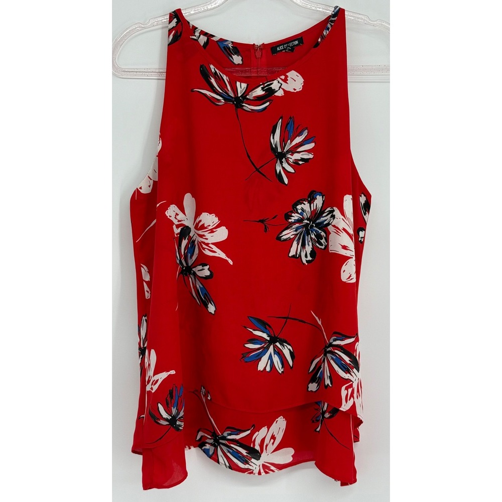 Alice Collection Womens Red Floral Sleeveless Halter Blouse Tiered High Low Sz L